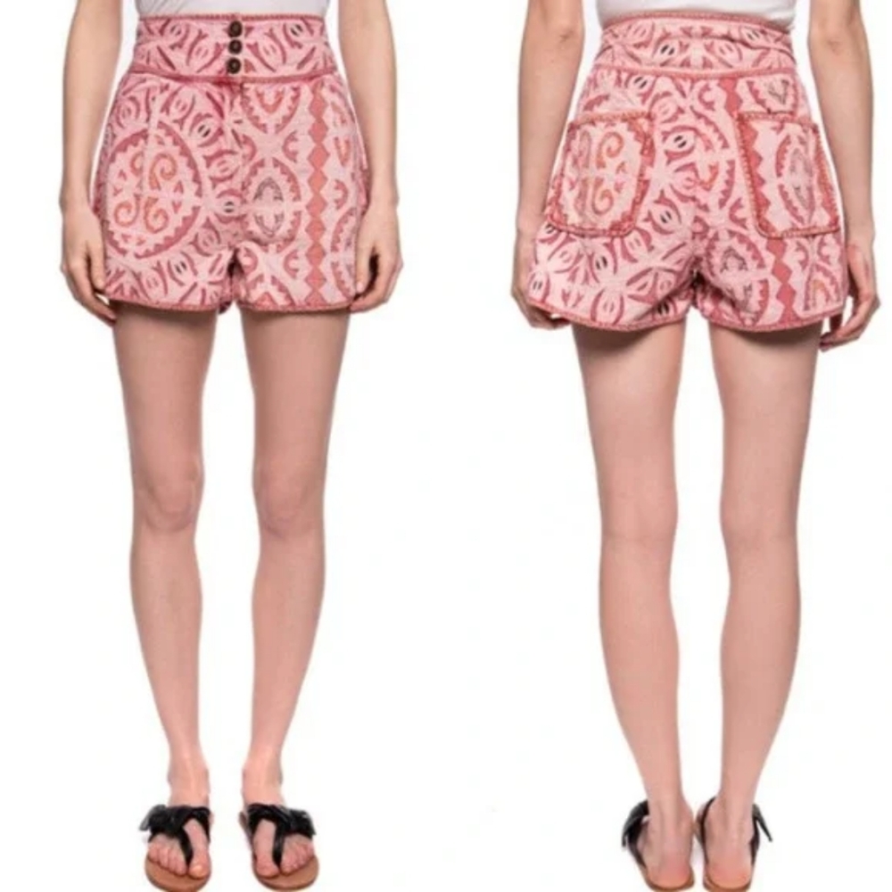 Ulla Johnson Pink High-Waist Embroidered Shorts